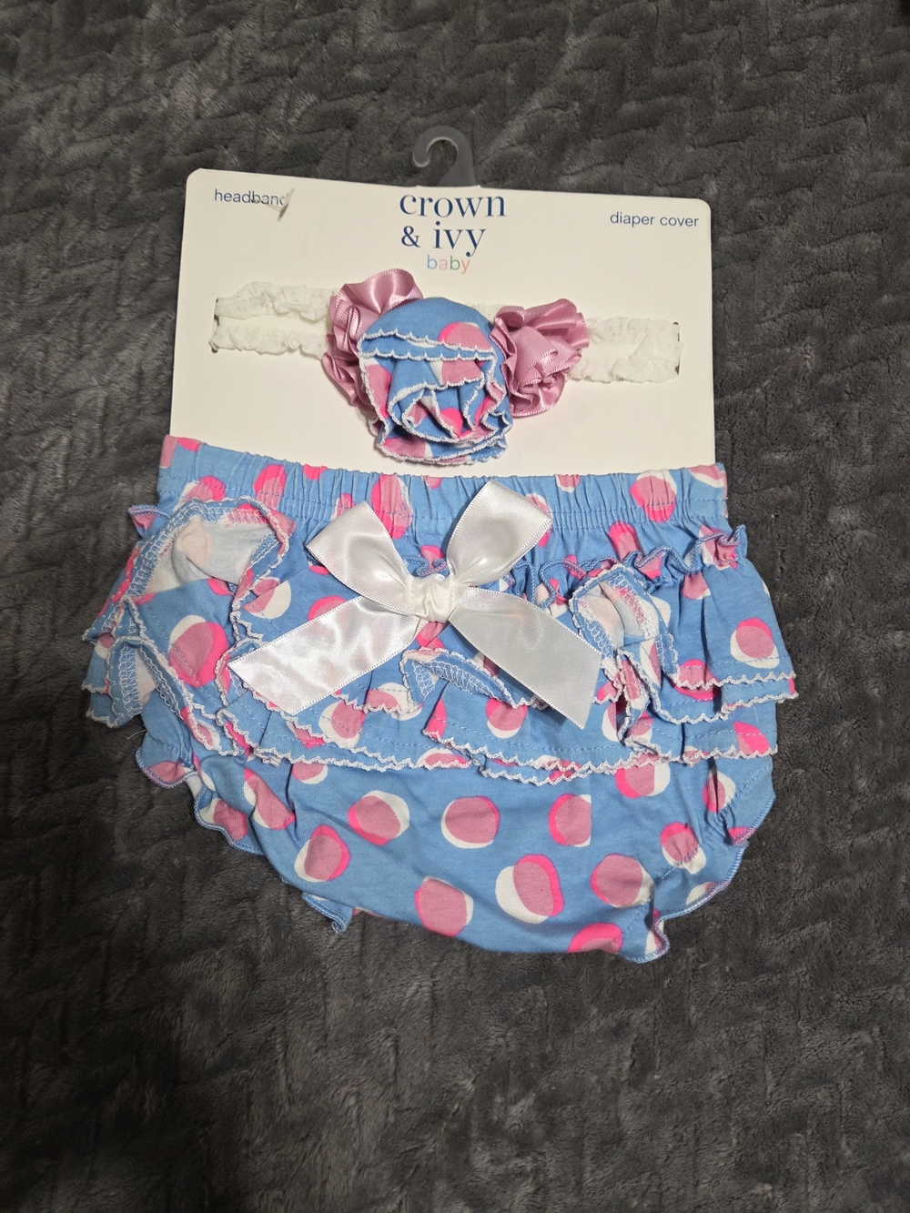 crown & ivy Blue and Pink Polka Dot Diaper Cover with Headband